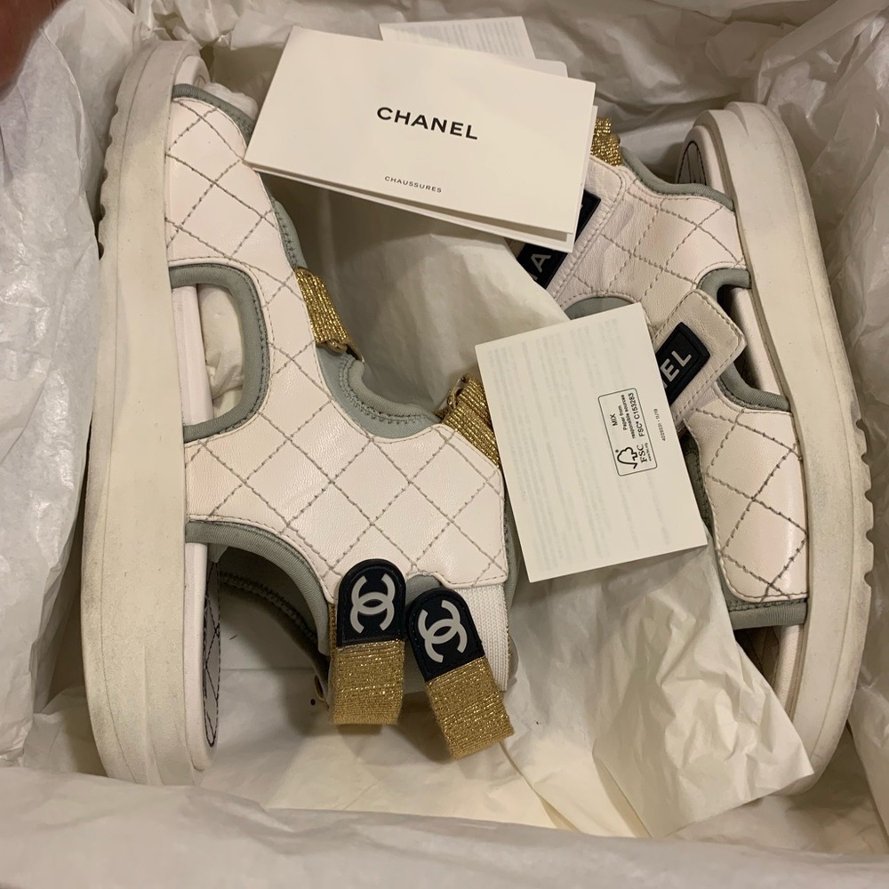 Chanel White and Gold Sandals with Signature Design